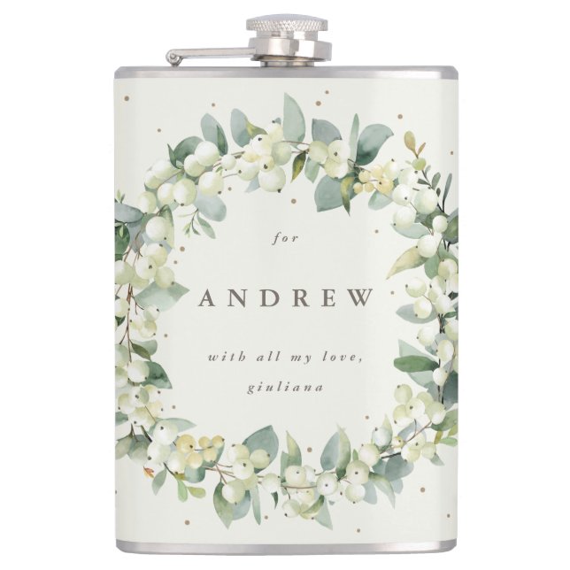 Snowberry & Eucalyptus Wreath Personalized Wedding Flask (Front)