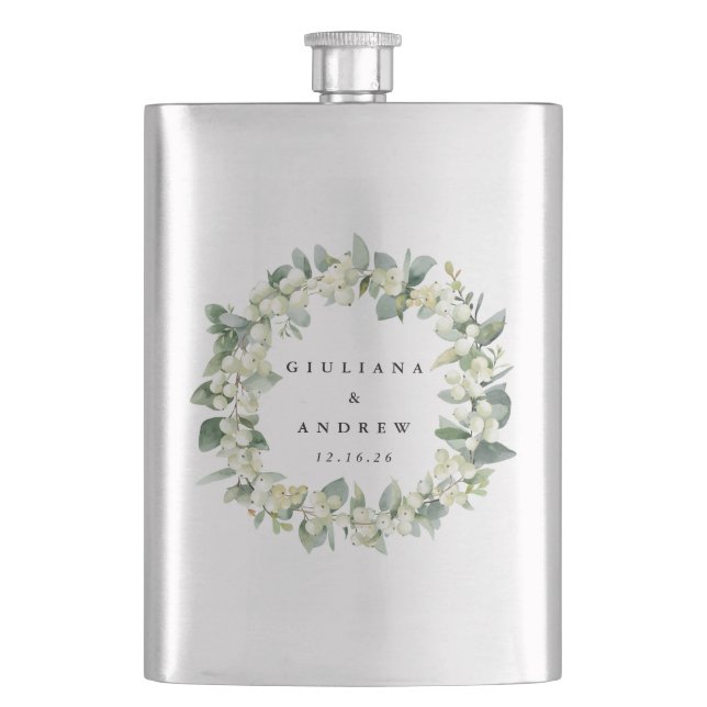 Snowberry & Eucalyptus Wreath Personalized Wedding Flask (Front)