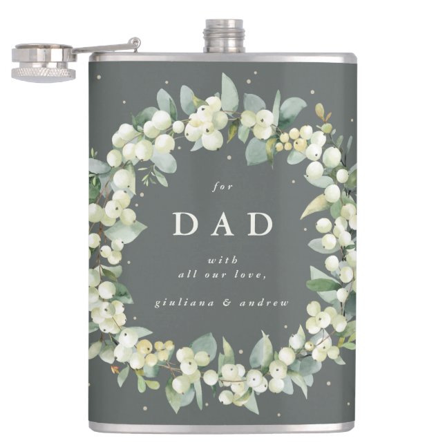 Snowberry & Eucalyptus Wreath Personalized Wedding Flask (Opened)