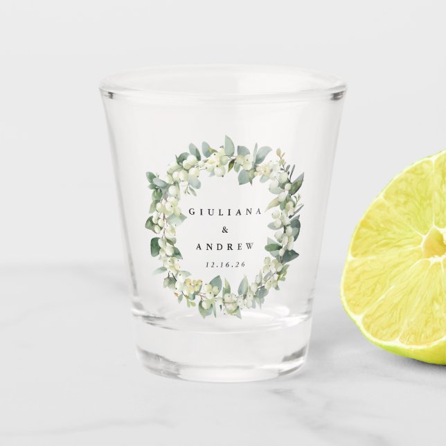 Snowberry & Eucalyptus Wreath Personalized Wedding Shot Glass (Front)