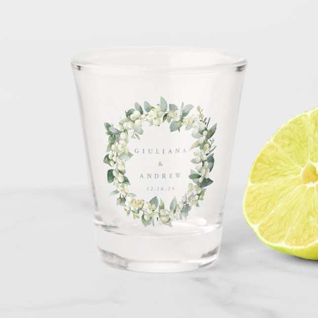 Snowberry & Eucalyptus Wreath Personalized Wedding Shot Glass (Front)
