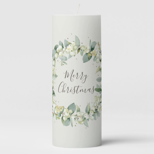 Snowberry Wreath Christmas Holiday Pillar Candle (Front)