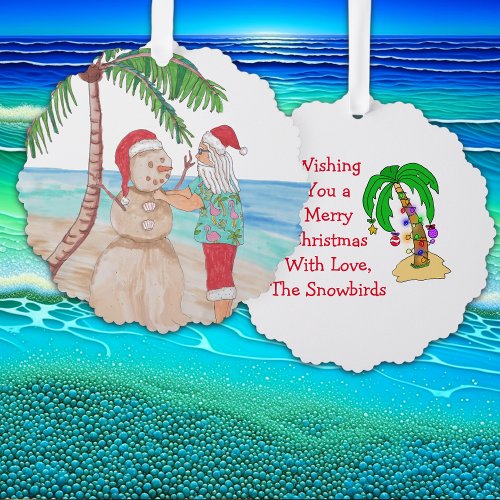 Snowbird Christmas  Funny Santa decorating Palm  Ornament Card