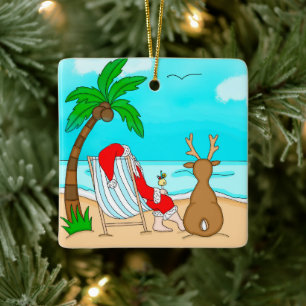 Snowbird Christmas, Santa and Reindeer on Beach Ceramic Ornament