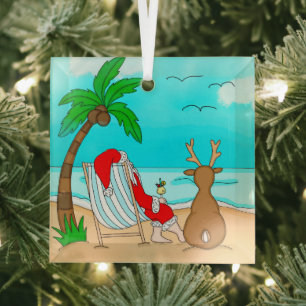 Snowbird Christmas, Santa and Reindeer on Beach   Glass Ornament