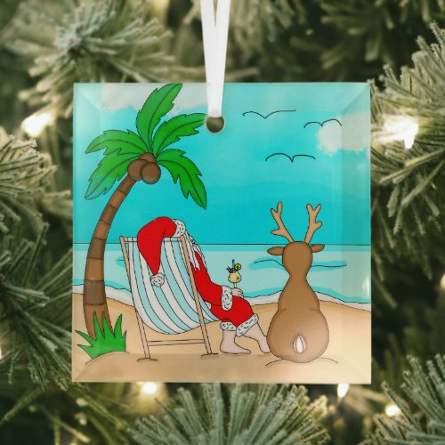 Snowbird Christmas Santa and Reindeer on Beach   Glass Ornament