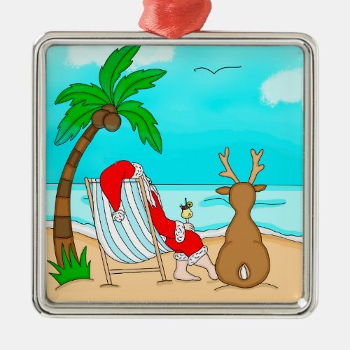 Snowbird Christmas Santa and Reindeer on Beach   Metal Ornament