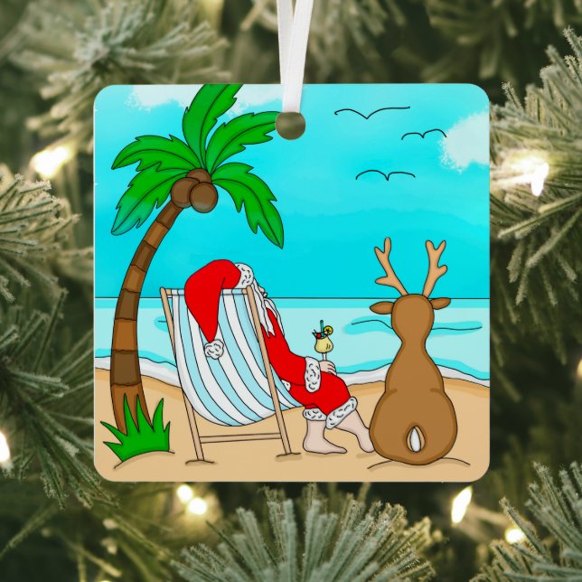 Snowbird Christmas, Santa and Reindeer on Beach  Metal Ornament (Insitu)