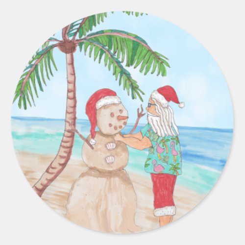 Snowbird Santa and Sandy Snowman  Classic Round Sticker