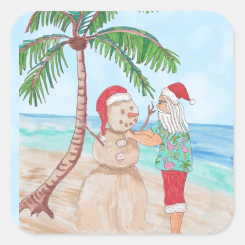 Snowbird Santa and Sandy Snowman   Square Sticker