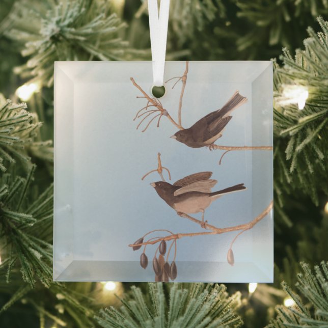 Snowbirds on a Bare Winter Branch Glass Ornament (Insitu)