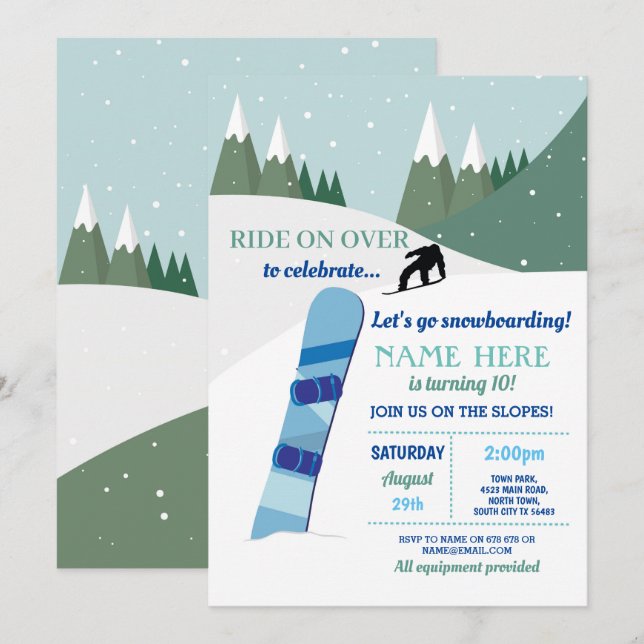 Snowboard Birthday Party Slopes Ski Snow Invitation (Front/Back)