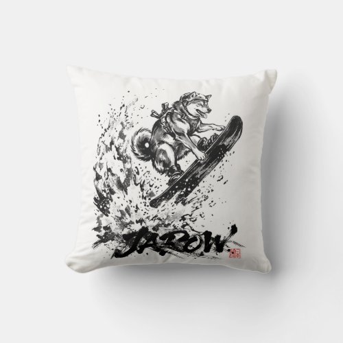 Snowboard Brush Art - Snowboarder Dog Huskey Throw Pillow