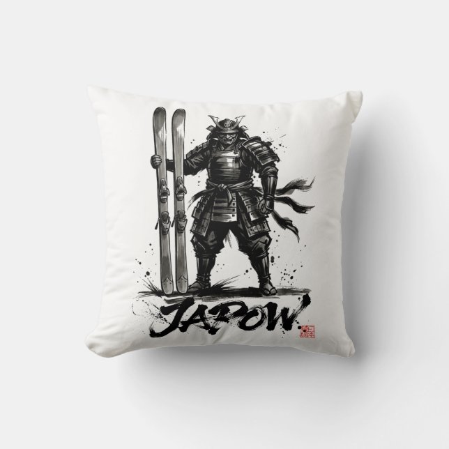 Snowboard Brush Art - Standing Samurai Ski Throw Pillow (Front)