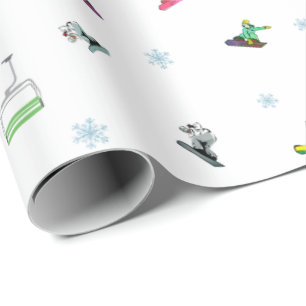 Snowboard Chairlift Winter Blue Pattern Birthday Wrapping Paper