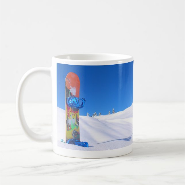 Snowboard on Snowy Slope, Bluebird Day Coffee Mug (Left)