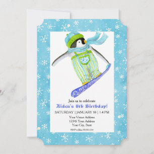 Snowboard Penguin Birthday Party Snowboarding Snow Invitation