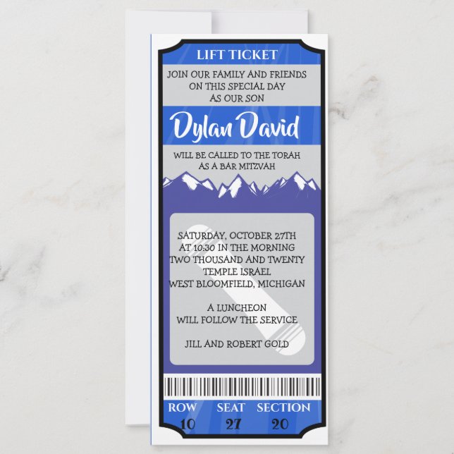SNOWBOARD TICKET Bar Bat Mitzvah Invitation (Front)