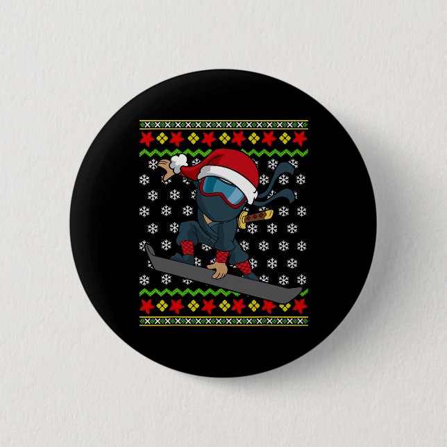 Snowboard Ugly Christmas Sweater Pattern Ninja Sno Button (Front)
