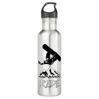 Snowboarder grabs during stunt going down mountain stainless steel water bottle