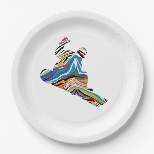 Snowboarder in Psychedelic Zebra print Paper Plates (Front)