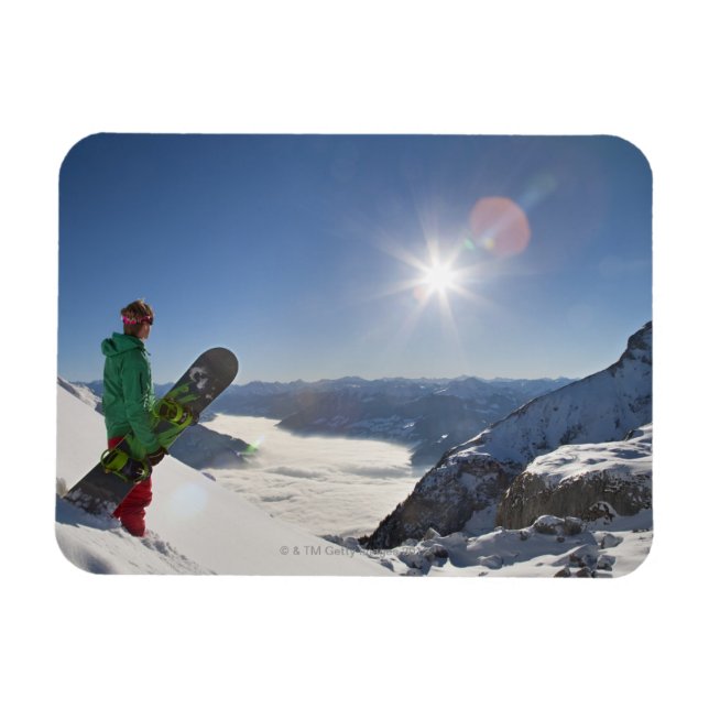 Snowboarder looking from mountain top magnet (Horizontal)