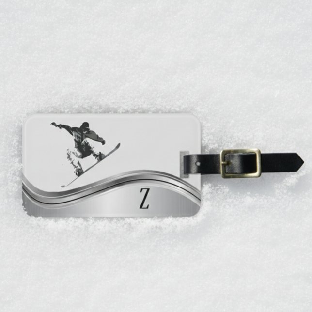 Snowboarder Monogram Silver Snowboard Luggage Tag (Creator Uploaded)