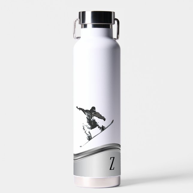 Snowboarder Monogram Silver Snowboard  Water Bottle (Front)