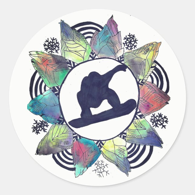 Snowboarder Mountain Flower Classic Round Sticker (Front)