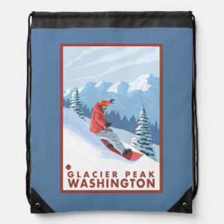 Snowboarder Scene - Glacier Peak, Washington Drawstring Bag