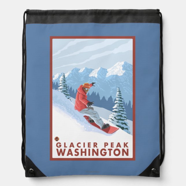 Snowboarder Scene - Glacier Peak, Washington Drawstring Bag (Front)