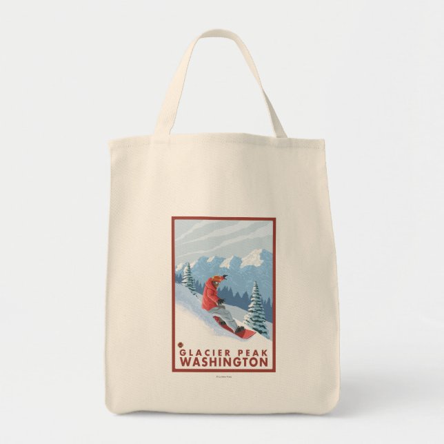 Snowboarder Scene - Glacier Peak, Washington Tote Bag (Front)