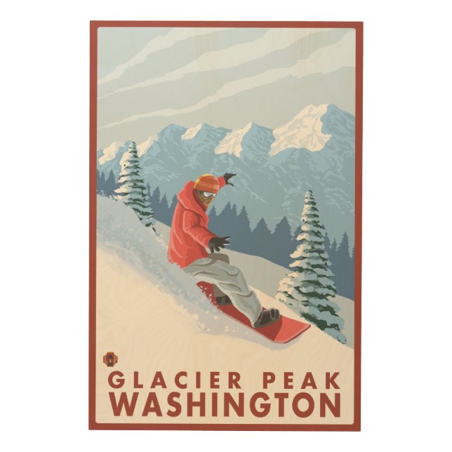 Snowboarder Scene - Glacier Peak, Washington Wood Wall Decor (Front)