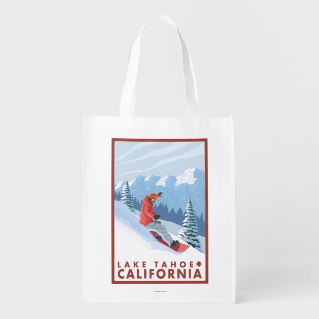 Snowboarder Scene - Lake Tahoe, California Reusable Grocery Bag (Front)