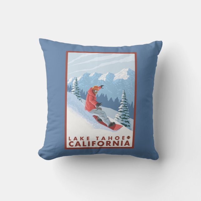 Snowboarder Scene - Lake Tahoe, California Throw Pillow (Front)