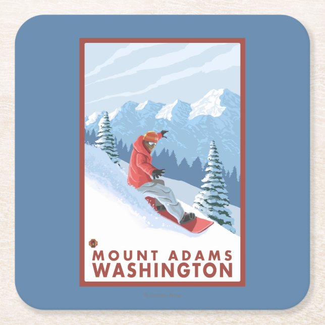 Snowboarder Scene - Mount Adams, Washington Square Paper Coaster (Front)