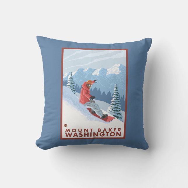 Snowboarder Scene - Mount Baker, Washington Throw Pillow (Front)
