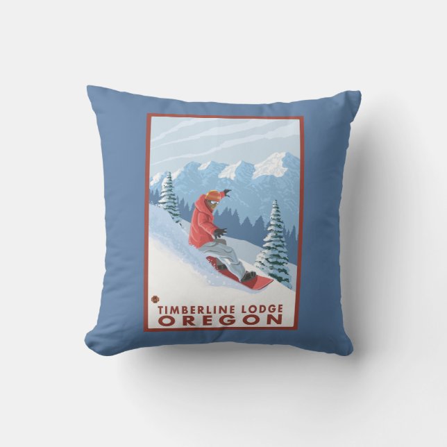 Snowboarder Scene - Timberline Lodge, Oregon Throw Pillow (Front)
