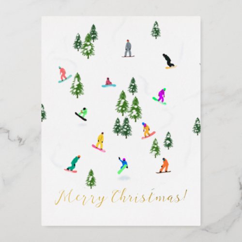  Snowboarder Snowboarding Illustration Christmas Foil Holiday Postcard