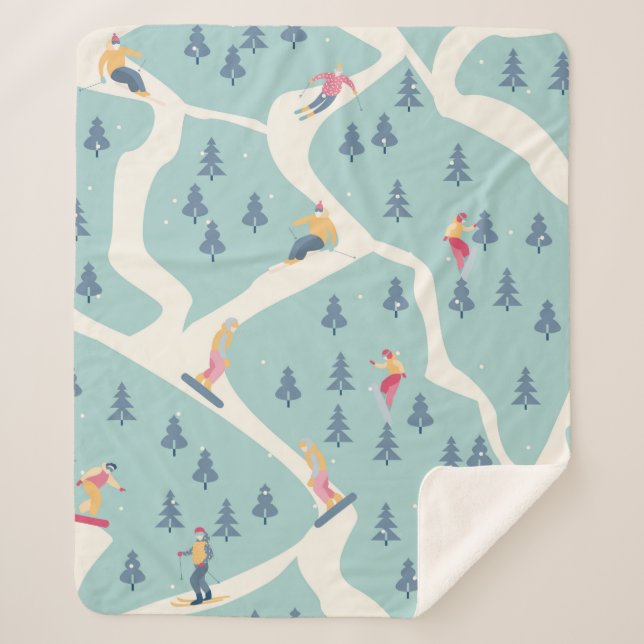 Snowboarders and skiers ride in the ski resort. Pe Sherpa Blanket (Front)