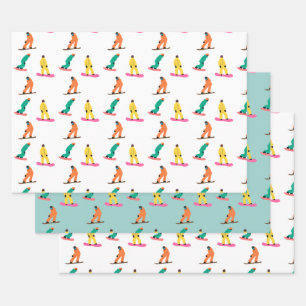 Snowboarders Pattern Holiday Xmas  Wrapping Paper Sheets