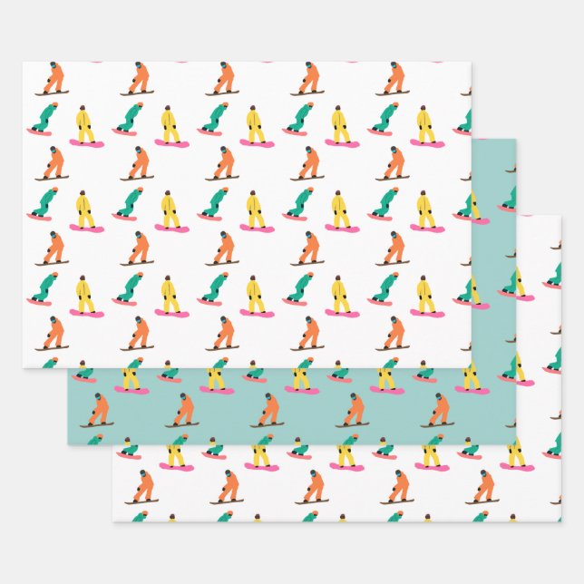 Snowboarders Pattern Holiday Xmas  Wrapping Paper Sheets (Set)