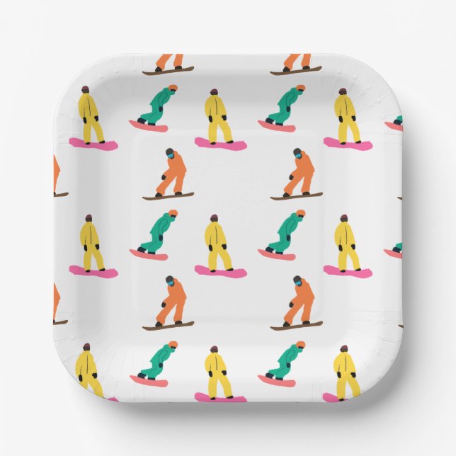 Snowboarders Winter Illustration Holiday White Paper Plates (Front)