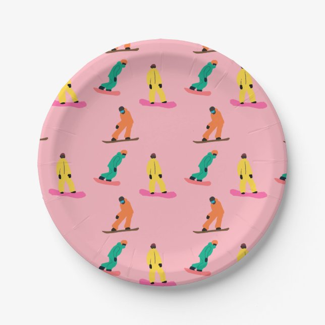 Snowboarders Winter Illustration Snowboard Pink Paper Plates (Front)
