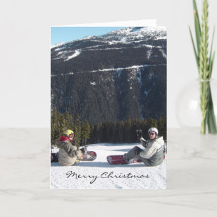Snowboarders with a Scenic Mountain View Holiday Card