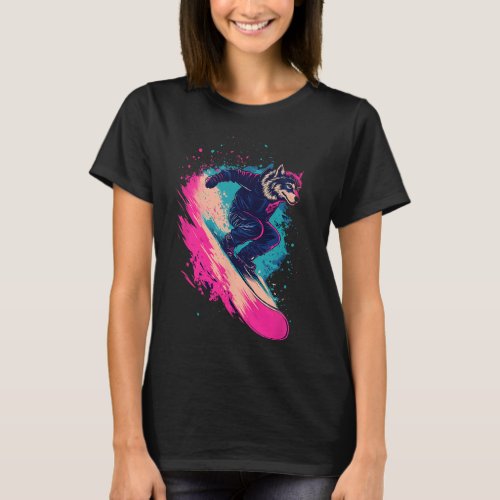 Snowboarding Animals- Wolf On A Snowboard Snowboar T-Shirt