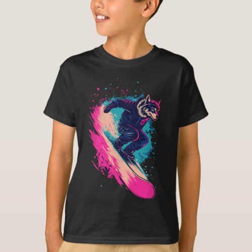 Snowboarding Animals- Wolf On A Snowboard Snowboar T-Shirt