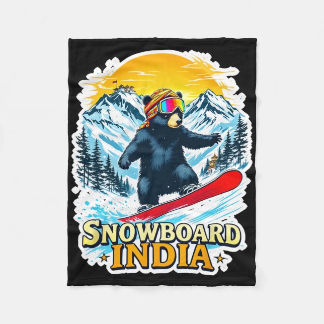 Snowboarding Bear In Scenic India  Fleece Blanket (Front)