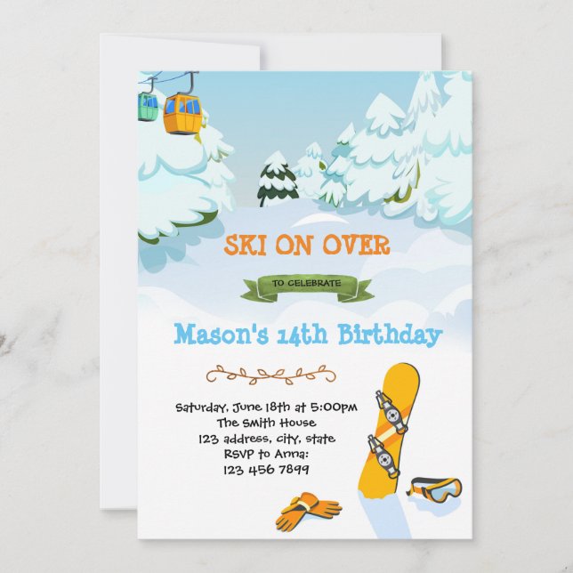 Snowboarding birthday party card (Front)
