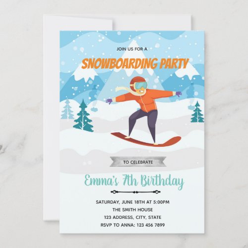 Snowboarding birthday party invitation